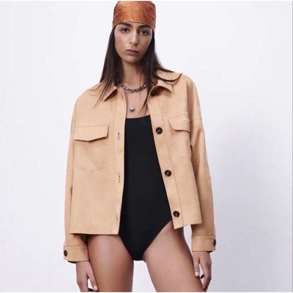 Zara Cropped Faux Suede Shacket in Camel Size Medium NWOT